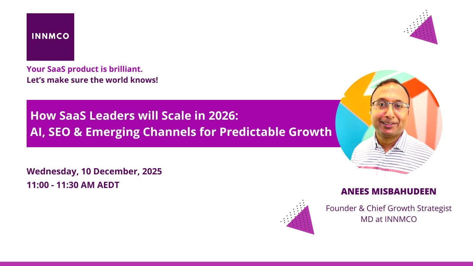 INNMCO Webinar Website Banner - Sydney - How SaaS Leaders Will Scale in 2026 AI, SEO & Emerging Channels for Predictable Growth